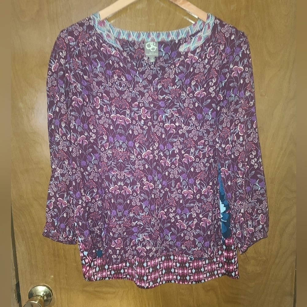 Anthropologie One September Caia Floral Pleated Black Boho Blouse Purple Sz S